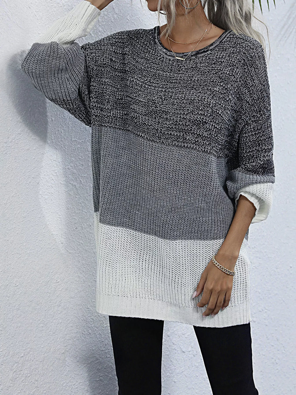 Women's Oversized Sweater Color Block Stripe Knit Round Neck Long Sleeve b2f205869416439581aeb959733a78da-Max-Origin Trendsi