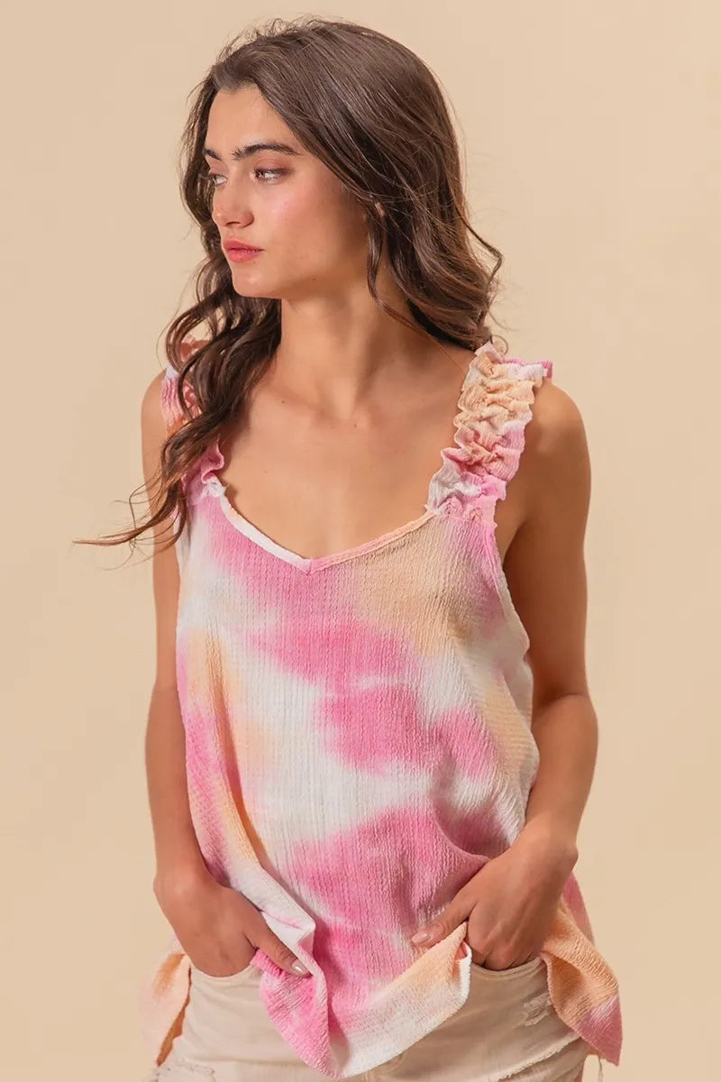 BiBi Tie Dye Top Printed Textured Woven with Ruffled Wide Straps b2ff87033f794c7ca411c9b4c4af876b-Max-Origin Trendsi