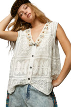 POL Lace Trim Embroidered Floral V-Neck Crochet Vest