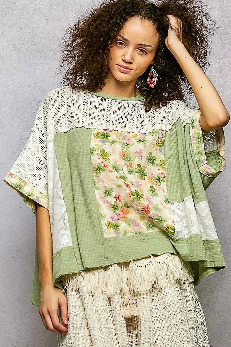 POL Floral Blouse Sage Patchwork Lace Accent Short Sleeve Top b30d46d0-c345-4f8e-9494-e7932b19e202-Max-Origin Trendsi