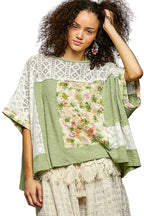 POL Floral Blouse Sage Patchwork Lace Accent Short Sleeve Top b30d46d0-c345-4f8e-9494-e7932b19e202-Max-Origin Trendsi