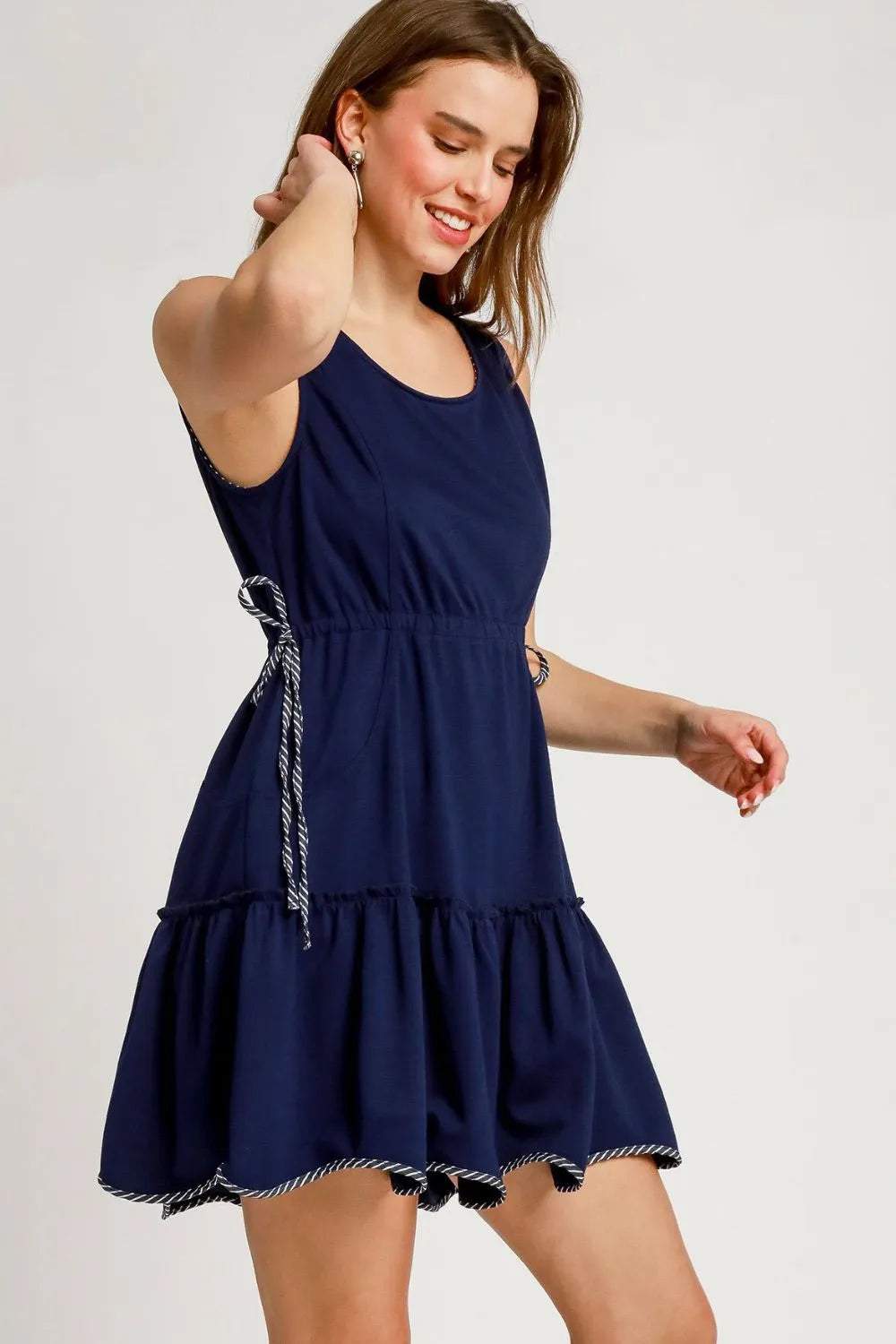 Umgee Mini Tank Dress Dark Navy Frill Drawstring Waist Round Neck b30d693d-65d4-4ac6-a7c0-653b9f3da4de-Max-Origin Trendsi