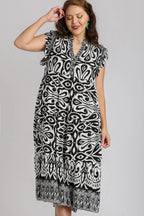 Umgee Midi Dress Floral Black Two Tone Border Print Ruffle Cap Short Sleeve b30d9b09-a1f7-4aa9-a310-e0023477e645-Max Trendsi