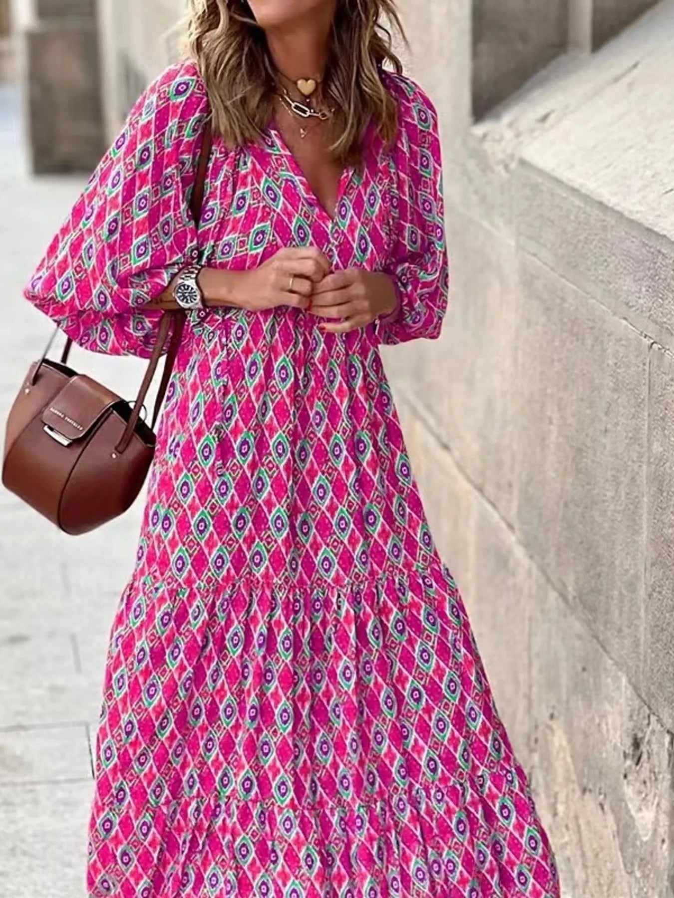 Maxi Dresses Colorful Printed V-Neck Balloon Short Sleeve Ruffled Oversized Hot Pink b30e64672d11485d8ee549957b69c742-Max-Origin Trendsi