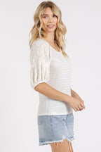 Mittoshop Blouse Off White Mixed Media Textured Knit Popcorn Puff Half Sleeve b30fe900-31ff-43ee-8ac9-48b9147806c8-Min Trendsi