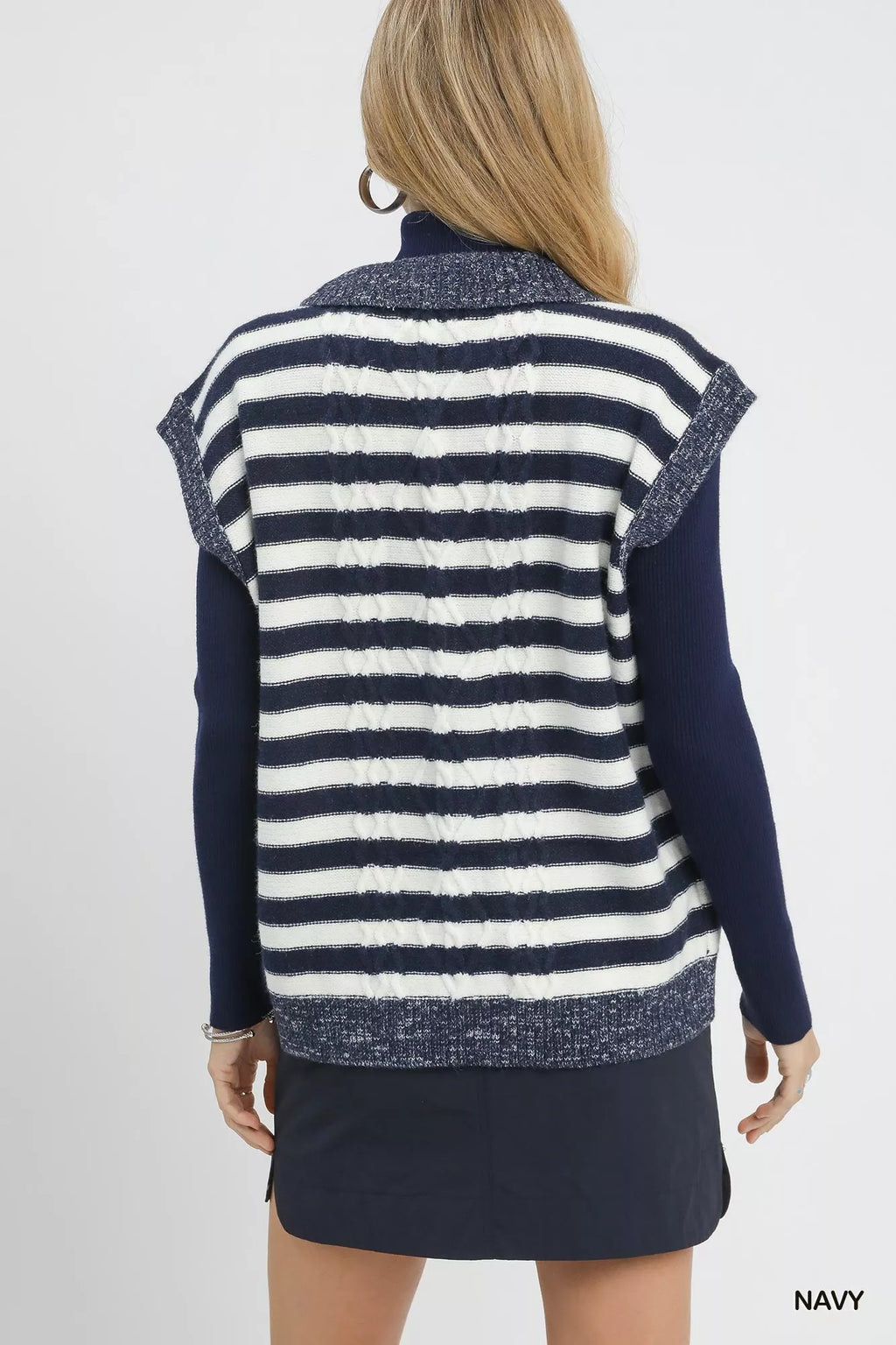 Umgee Womens Striped Vest Sweater Navy Cable Knit Collared b310a886-16d6-49de-92b7-3928322077ec-Max-Origin Trendsi