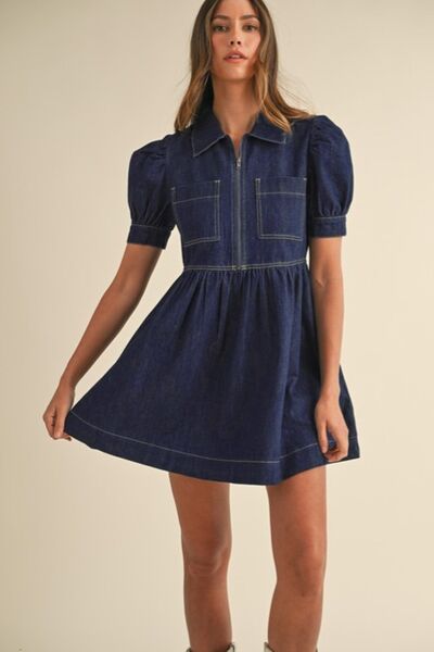 Denim Shirt Dress Collared Neck Half Zip Short Puff Sleeve Ruffled b3141c8e-3463-4108-9466-ff79720de703-Min Trendsi
