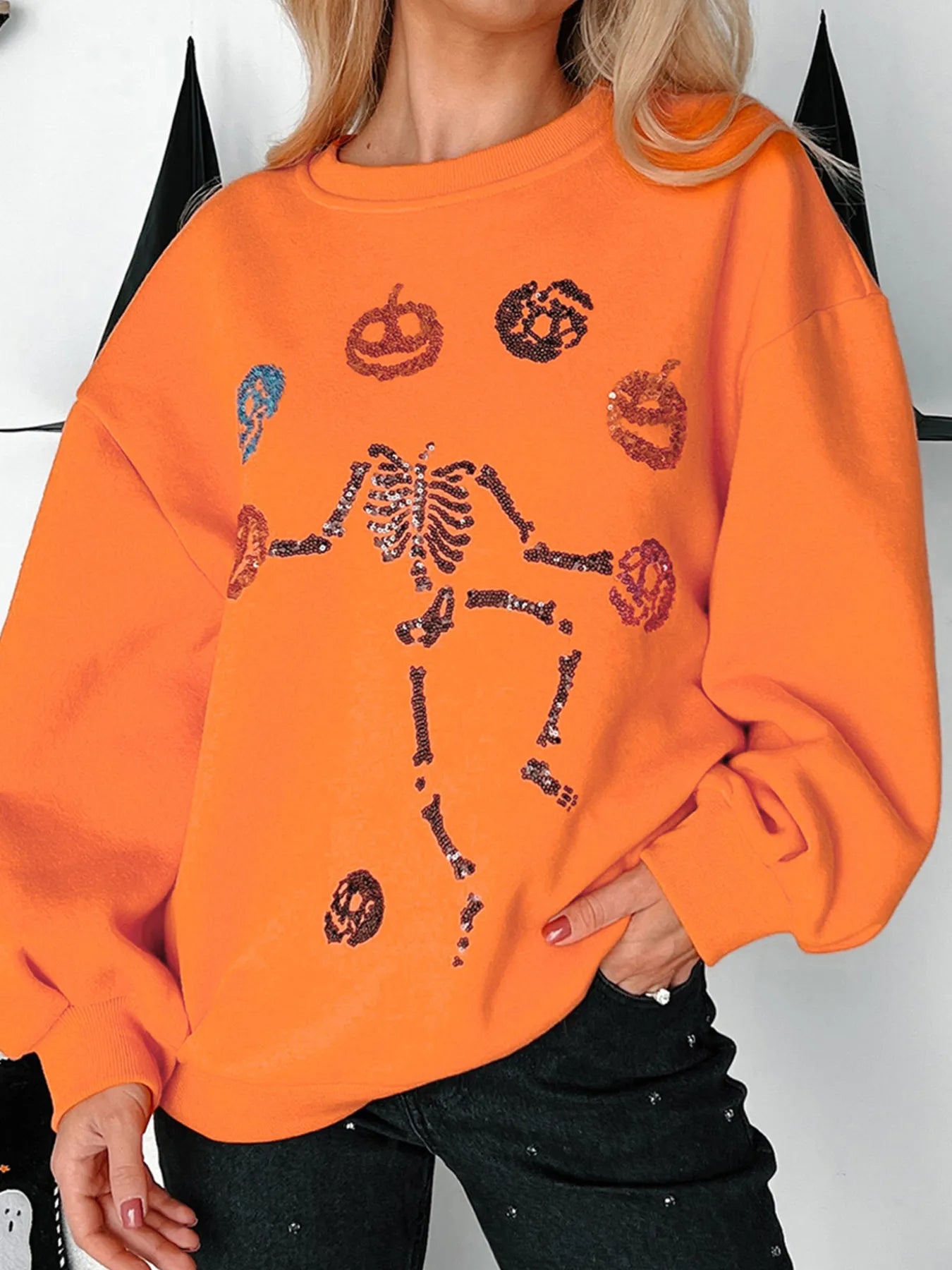Women's Sweatshirt Halloween Skeleton Pumpkin Sequin Pullover b32a17621d49472183bc0d29fd17bd69-Max-Origin Trendsi