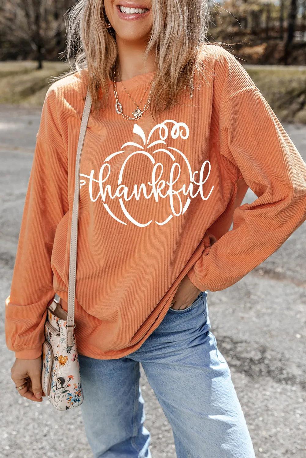 Sweatshirt Round Neck Long Sleeve Thankful Pumpkin Print Top b32f3cb2-87dc-47a6-97ae-2a7fab92a003-Max Trendsi