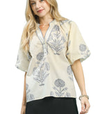 Umgee Floral Print V-Neck Blouse