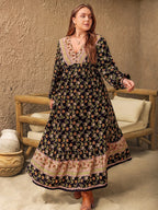 Plus Size Floral V-Neck Dress with Balloon Sleeves