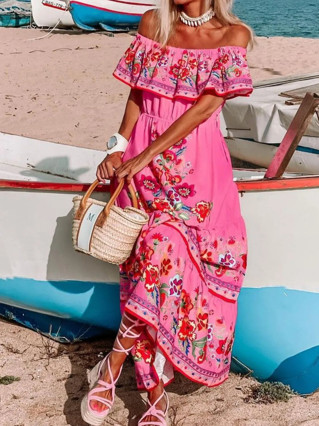 Floral Maxi Dress Off Shoulder Ruffle Belted High Waisted Ruched b347e4e7-9095-45d3-948b-92bfc5874586-Max-Origin Trendsi