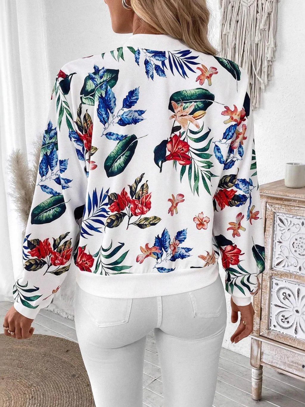 Women's Jacket Floral Printed Zip Up Long Sleeve Outwear