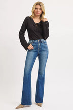 RISEN Women's Flare Jeans High Rise Dark Blue Washed Denim Pants b34dacb48d7440bf8792fdce83b01cd4-Max-Origin Trendsi