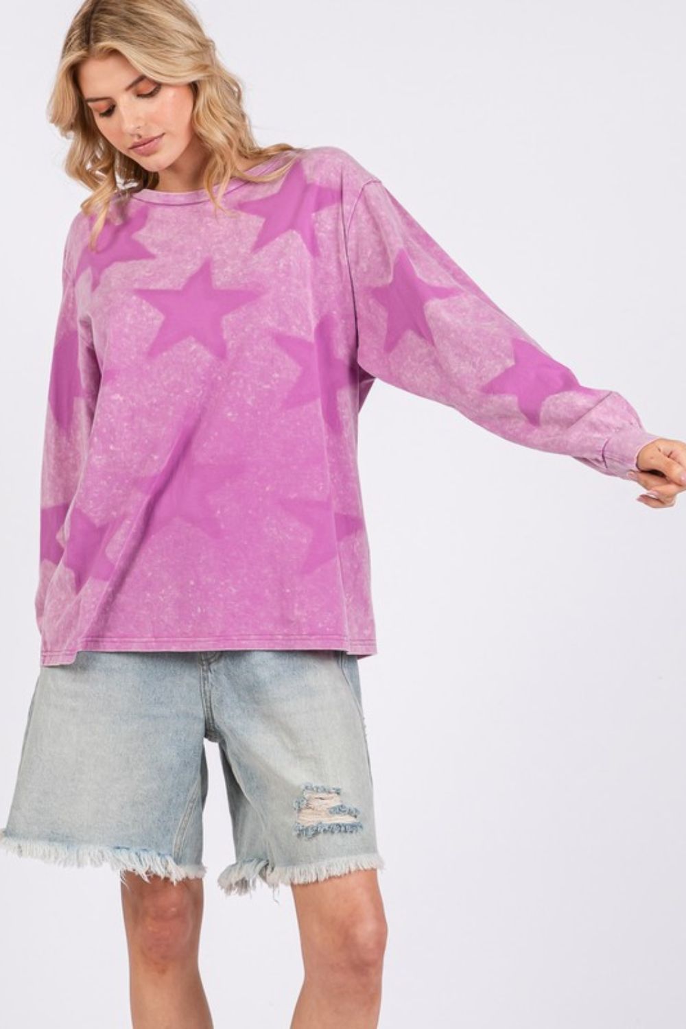 SAGE+FIG USA Star Pattern T-shirt Long Sleeve Mineral Wash Mauve Cotton Tops b351a39d-660a-4ff4-ac0b-92e7e516d5dc-Max Trendsi