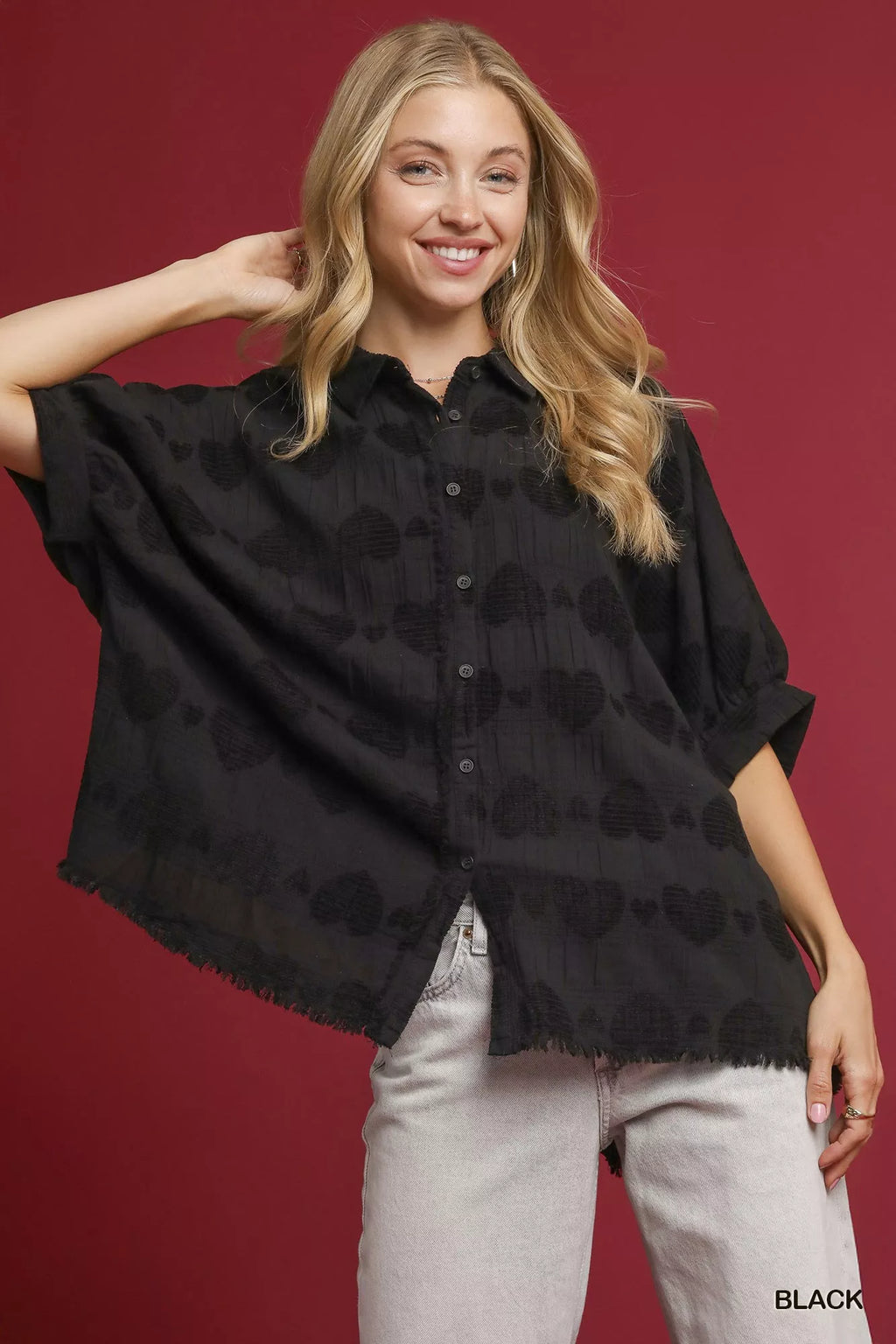 Umgee Women's Shirt Black Jacquard Heart Collared Short Sleeve Top Black b3530787-d4bb-4814-a42f-361f656bc2f6-Max-Origin Trendsi