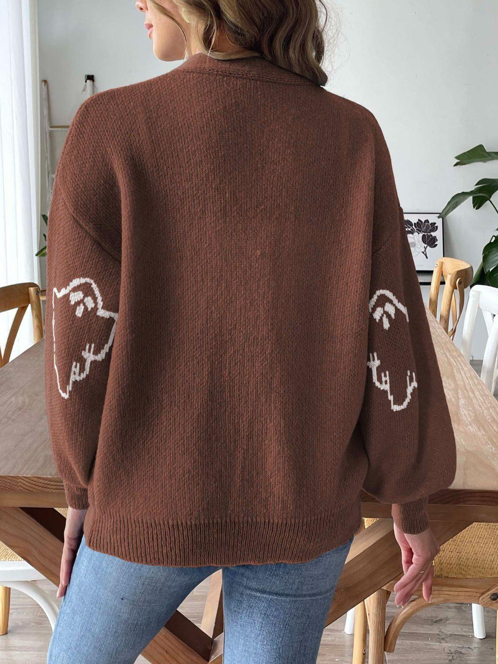 Knit Cardigan Animal Pattern V-Neck Dropped Shoulder Knitwear b35a4e28-e9ab-4812-809f-c30a03b5b620-Max Trendsi