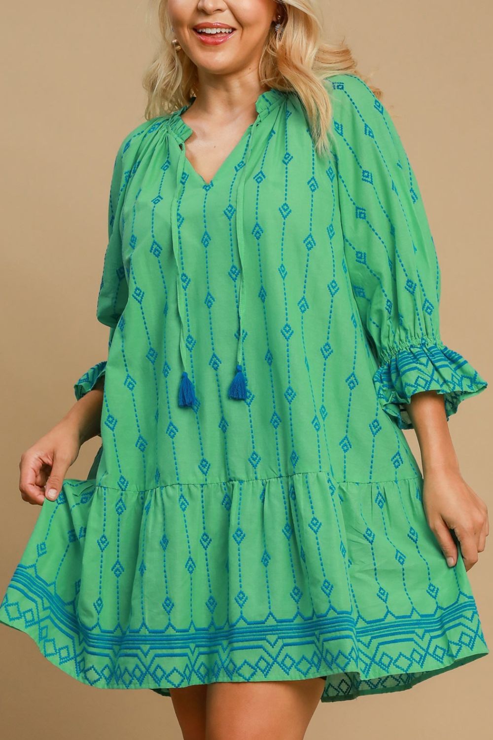 Umgee Cotton Mini Dress Green Embroidered Tassel Ruffle 3/4 Sleeve S-2XL b35d3700-aac3-43a5-9219-b3333088ba6d-Max Trendsi