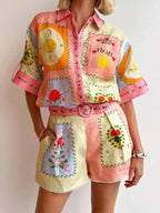 Women's Outfit Set Floral Pink Printed Shirt Short Sleeve and Shorts Lightweight Pink b3623eebacae42aebc189672bc510c0e-Max-Origin Trendsi