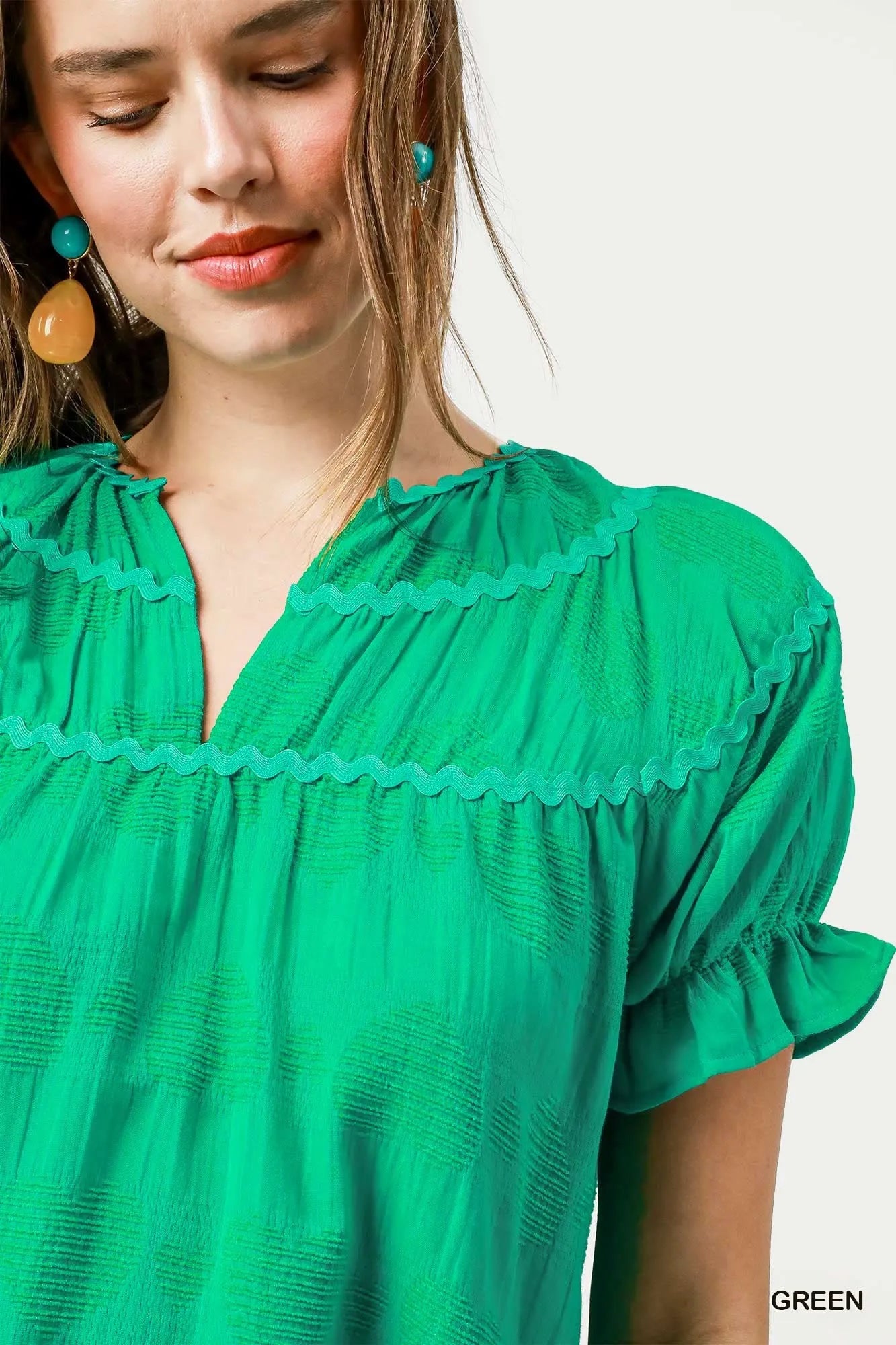 Umgee Babydoll Dress Green Heart Pattern Short Sleeve Ruffle Smocked b36f71c9-1216-4717-ba0e-18ea5f2edd84-Max-Origin Trendsi