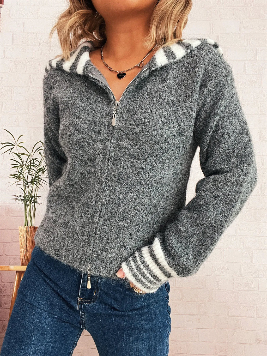 Women's Cardigan Striped Zip-Up Knit Long Sleeve Collared b371e53bf4c647959044288b567f482f-Max-Origin Trendsi