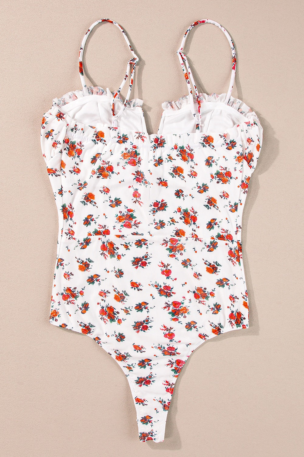 Floral Bodysuit Frilled Trim Spaghetti Straps Slimming Ruffle White Tops b3741f0c-c65a-49d4-af8d-983a8d0dd9cd-Max Trendsi