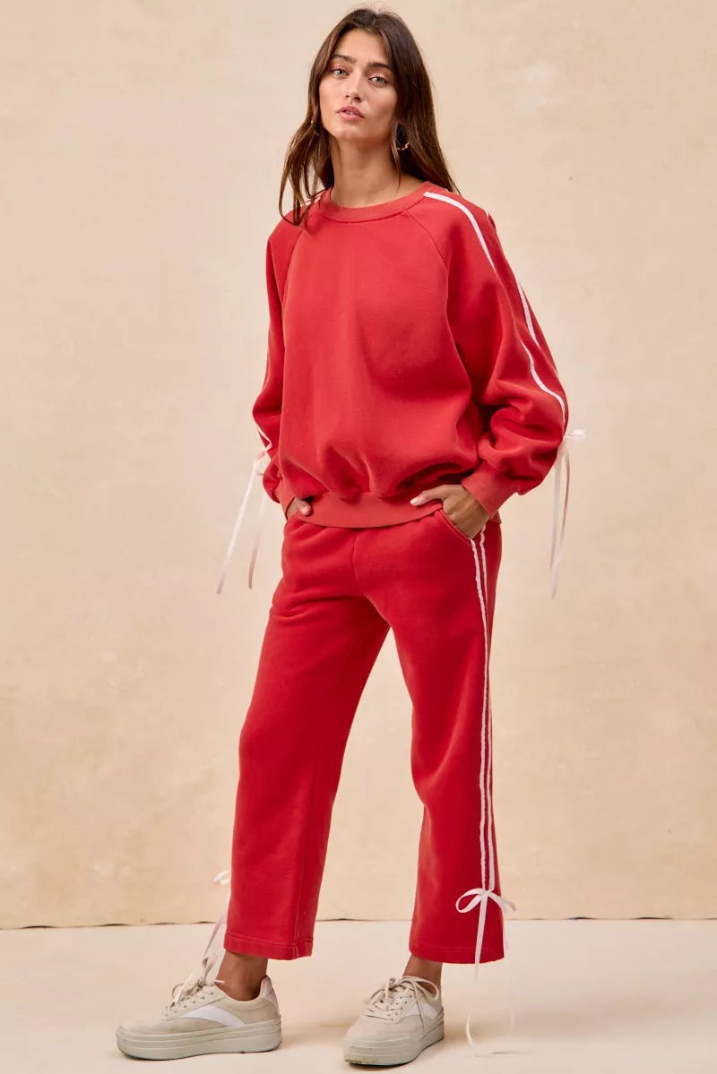 BiBi Womens Fleece Sweatpants Red Side Lined Bow Details Pocketed b376488dd0154290a6b3e5328e815df0-Max-Origin Trendsi