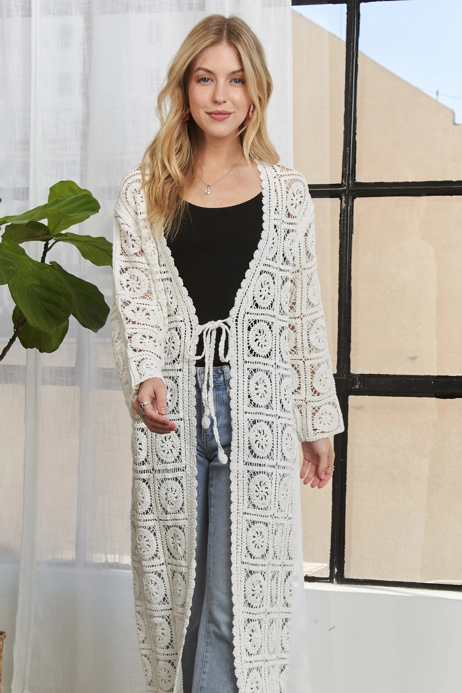 ADORA Long Sleeve Crochet Elastic Cardigan