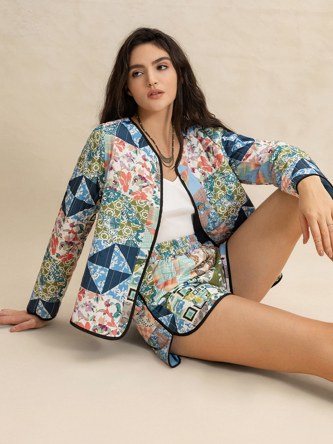 Outfit Set Floral Quilted Jacket Long Sleeve Outerwear and Shorts 2 Pcs