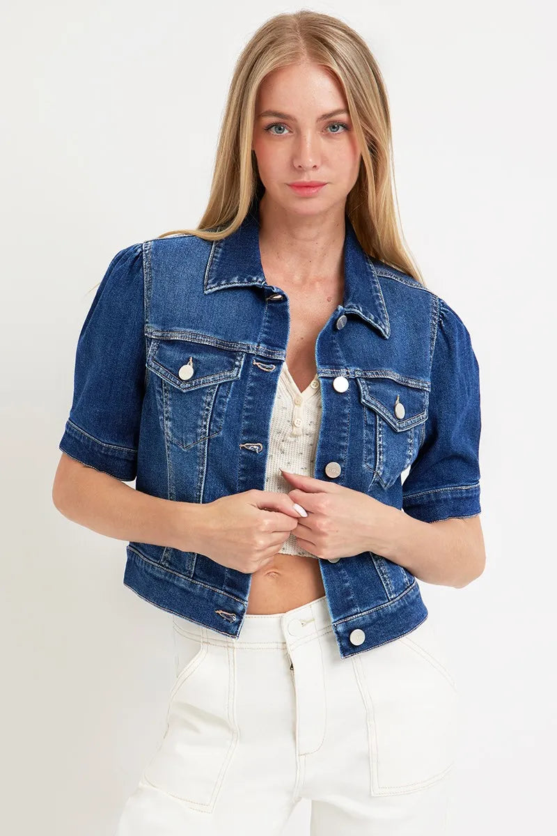 RISEN Crop Denim Jackets Women's Dark Wash Puffed Short Sleeve Outwear DARK