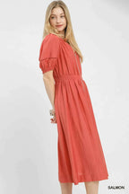 Umgee Midi Dress Orange Zip-Front Smocked Waist Short Puff Sleeves b398d1a4-4130-49de-a733-aaf87afcaafc-Max-Origin Trendsi