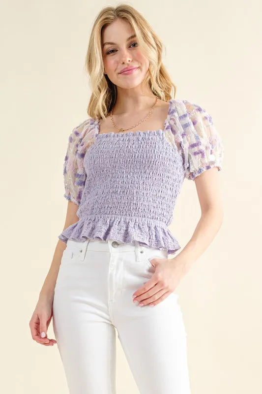 And The Why Top Floral Lavender Embellishment Short Sleeve Smocked LAVENDER b3afb0737acc4ef98b22b3b060eb1b6e-Max-Origin Trendsi
