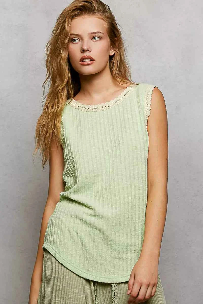 POL Ribbed Round Neck Tank with Lace Trim