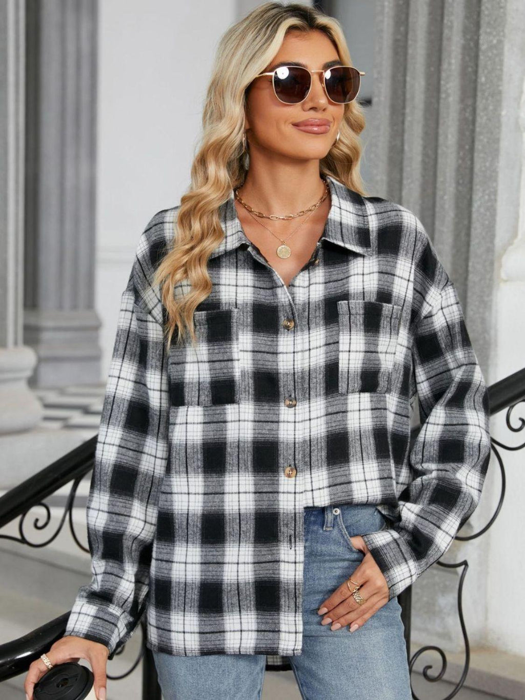Plaid Shirt Collared Neck Long Sleeve Patch Pockets b3c02463-22de-4f5f-905f-db7c5a067668-Max_98acbe95-430f-417e-8aa7-3dd49d9f5bb7 Trendsi
