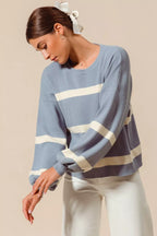 SO ME Womens Sweater Dusty Blue Ribbed Striped Round Neck Pullover b3c1a2243ee941f1a7e9e9febf2f741d-Max-Origin Trendsi