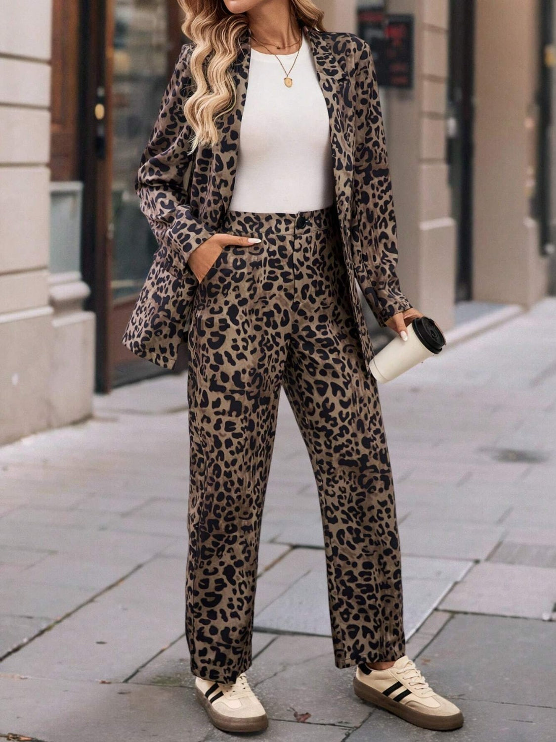 Leopard Lapel Outfit Suit Set Collar Long Sleeve Blazer and Pants Set 2 Pcs