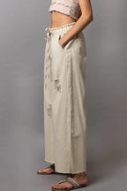 POL Women's Wide leg Pants Distressed Drawstring Side Slit Cotton Trousers b3d87a35-df02-49ea-af13-911b2c17cee0-Max-Origin Trendsi
