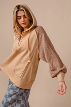 BiBi Women's Hoodie Taupe Half Zip French Terry with Kint Sleeves b3de30b0a51444cab6250ebef20bba19-Max-Origin Trendsi