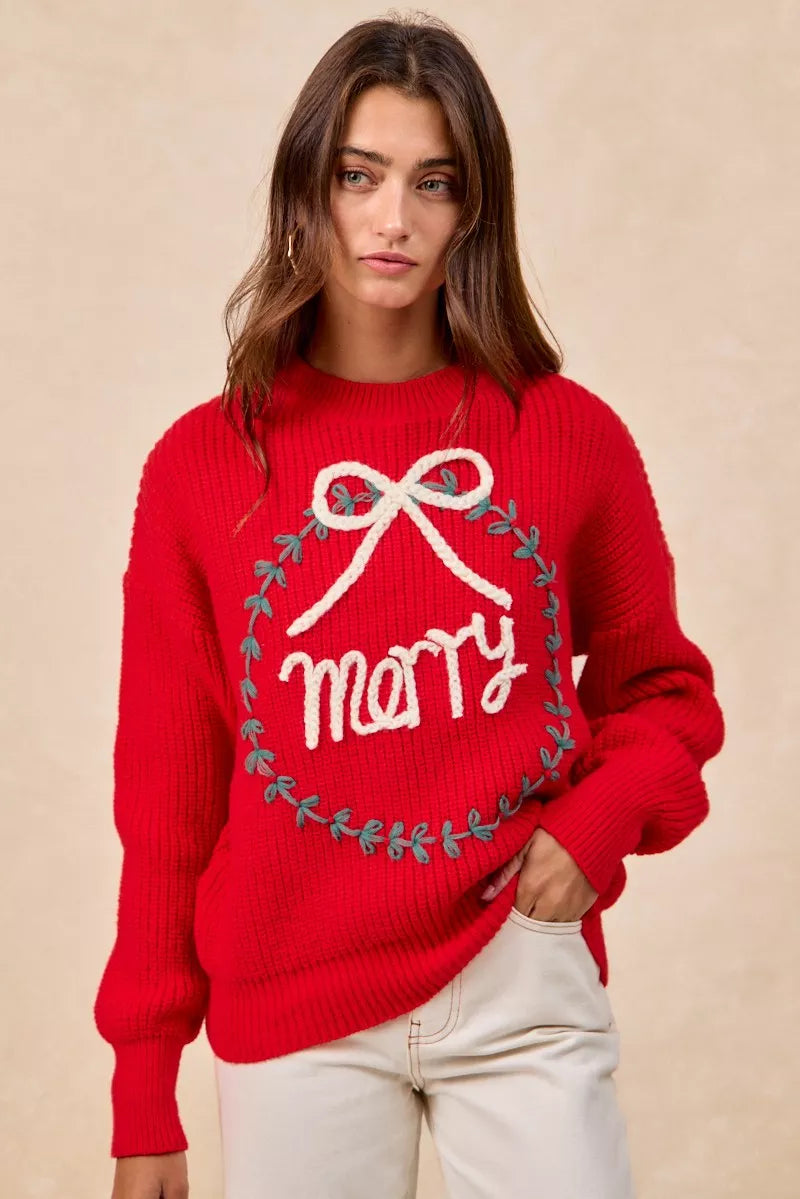 BiBi Christmas Womens Pullover Red Wreath Merry Letter Knit Top b3e685664c564e4d8b0aae74bede7828-Max-Origin Trendsi