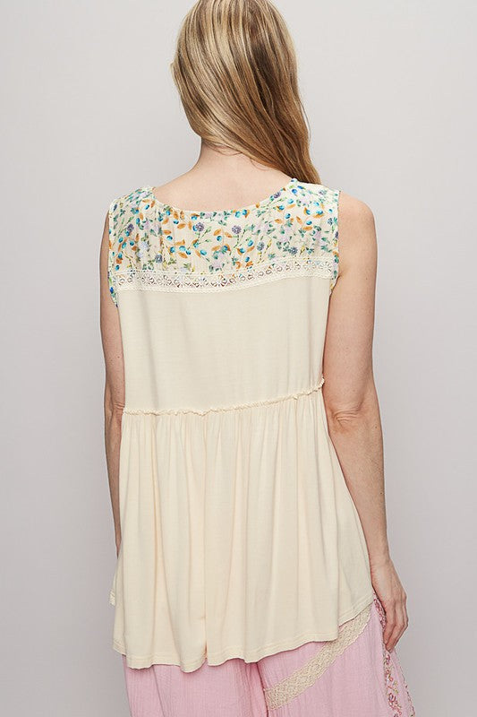POL Tank Top Cream V Neck Sleeveless Lace Floral Ruffle Blouse b3e71240-c68f-43e0-8da4-17da5332b48f-Max Trendsi