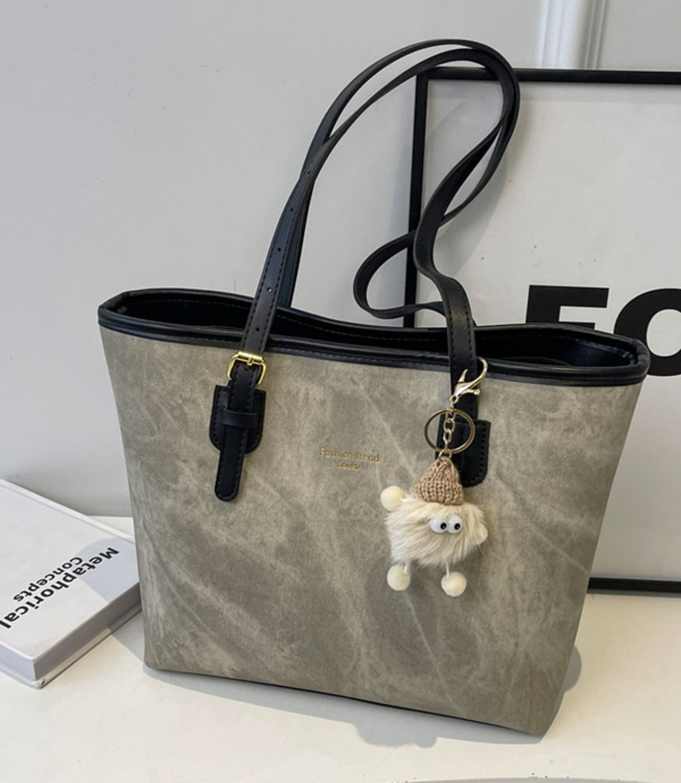 Contrast Strap Tote Bag - Medium Size, PU Leather, Imported