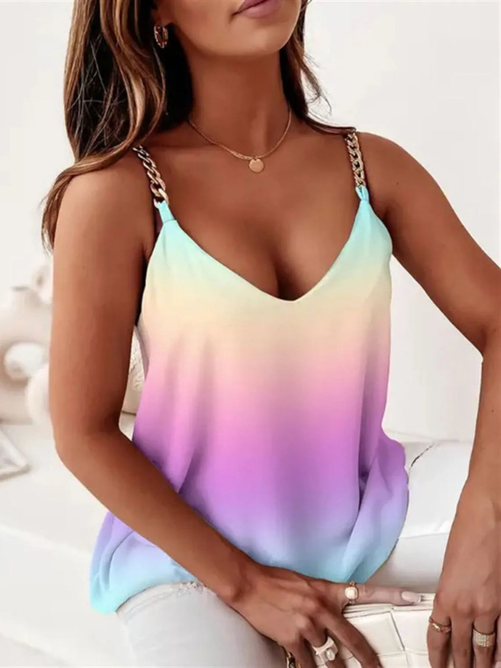 Women's Tank Top Chain Strap V-Neck Blouse Tie-dye b3ead76e-17c0-4437-a951-84a5d831e0ac-Max-Origin Trendsi
