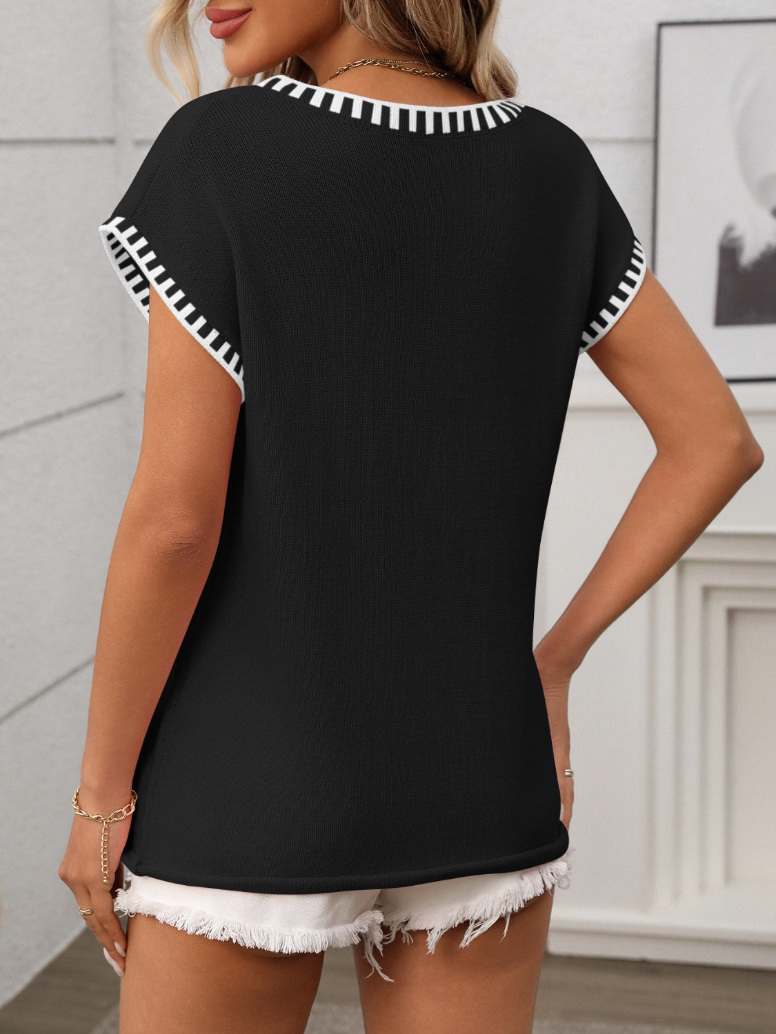 Women's Pullover Short Cap Sleeve Knit Top Contrast Stitch Trim V-Neck b3eb7a02-8053-4831-ae22-3df9dc58e778-Max Trendsi