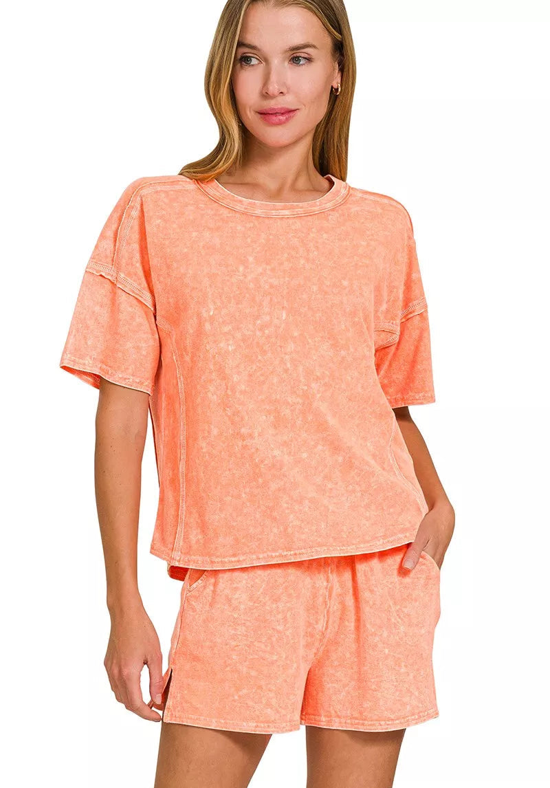 Zenana outfit Set Orange Halo Snow Washed Short Sleeve Top Tee and Shorts ORANGE b3fec74a2d1f4626ae37bd787bdc4860-Max-Origin Trendsi