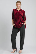 Umgee USA Pearl Babydoll Blouse Burgundy Women Half Sleeve Velvet Ruffle b4034e1e-9ff4-4294-95ad-dd3d63a0f531-Max Trendsi