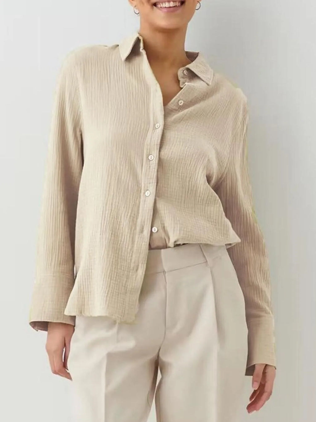 Women's Shirt Texture Oversized Button Up Long Sleeve Top b4064415-a554-4293-b09c-0654cd869b7a-Max-Origin Trendsi