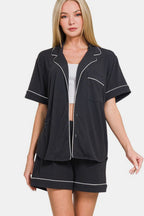 Zenana Lounge Set Black Button Down Short Sleeve Top and Shorts 2 Pcs Black b407e56d-7125-4734-b456-51db11f7462c-Max Trendsi