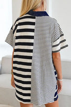 Striped Mini Shirt Dress Cotton Half Button Black Short Sleeve b40ea226-50e2-4295-b185-0d1f8bd1fde3-Min Trendsi