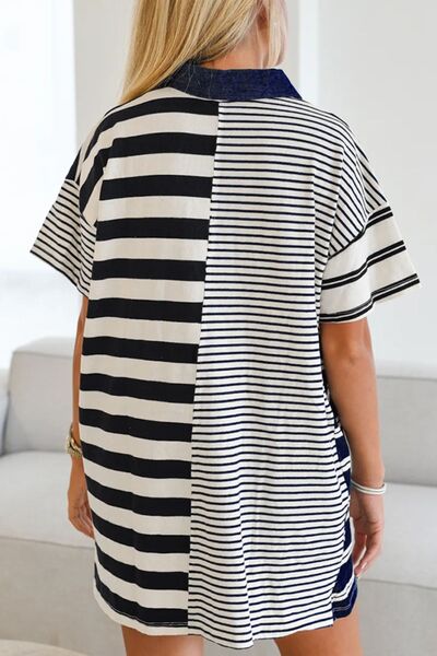 Striped Mini Shirt Dress Cotton Half Button Black Short Sleeve b40ea226-50e2-4295-b185-0d1f8bd1fde3-Min Trendsi