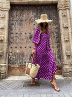 Maxi Dresses Colorful Printed V-Neck Balloon Short Sleeve Ruffled Oversized b4174f26e07a472b929ce77b50d6f923-Max-Origin Trendsi